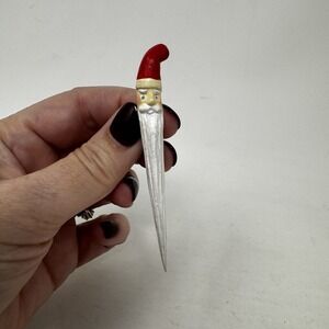 Vintage Santa Claus Christmas Carved Painted Wood Long Folk Art Brooch Pin